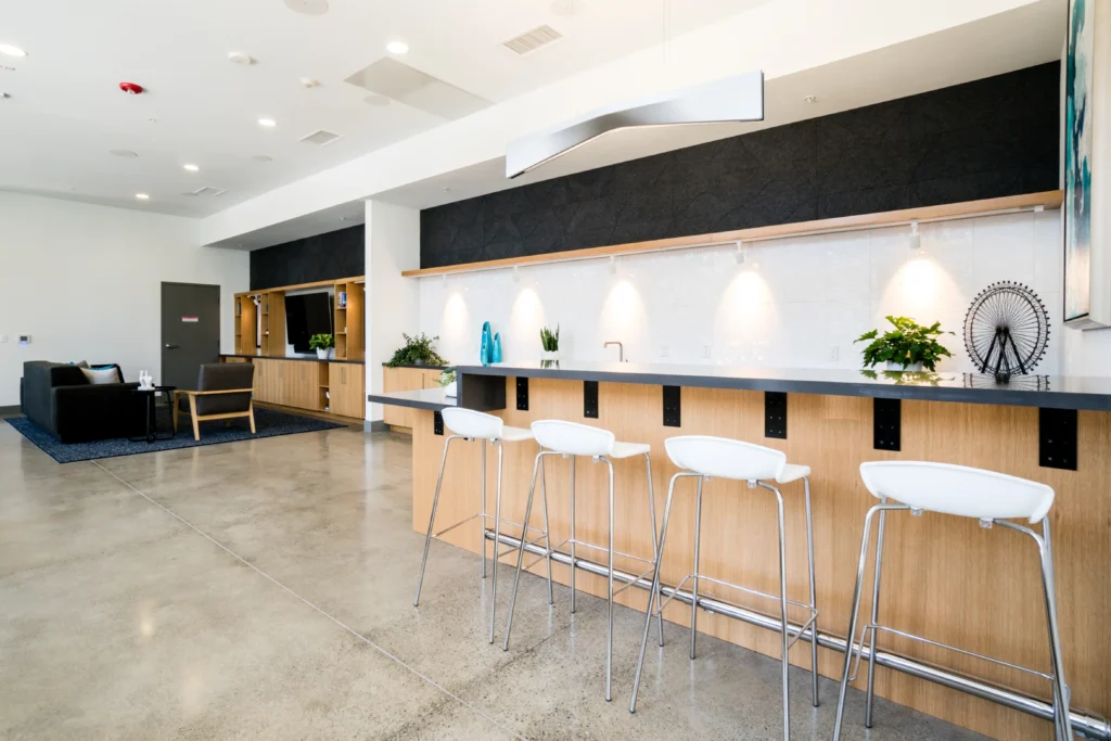 Clubhouse lounge with sofas, TV, and kitchen